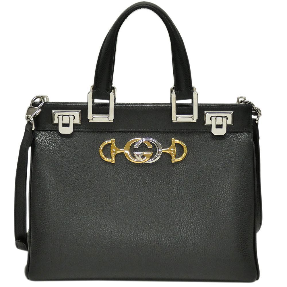 Gucci Zumi Leather Interlocking GG Horsebit Shoulder Bag Black